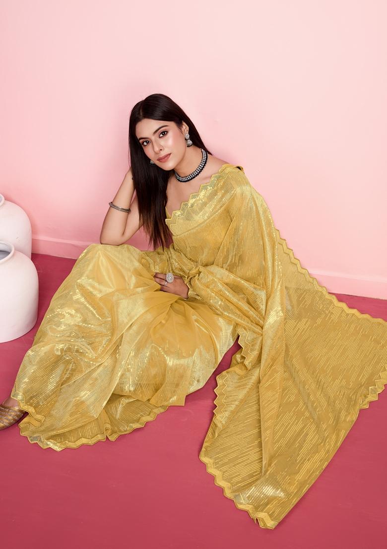 Yellow Sequin Thread Embroidered Net Saree Set
