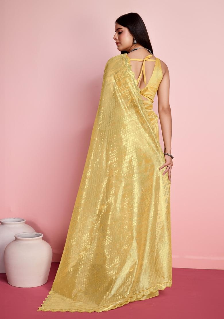 Yellow Sequin Thread Embroidered Net Saree Set