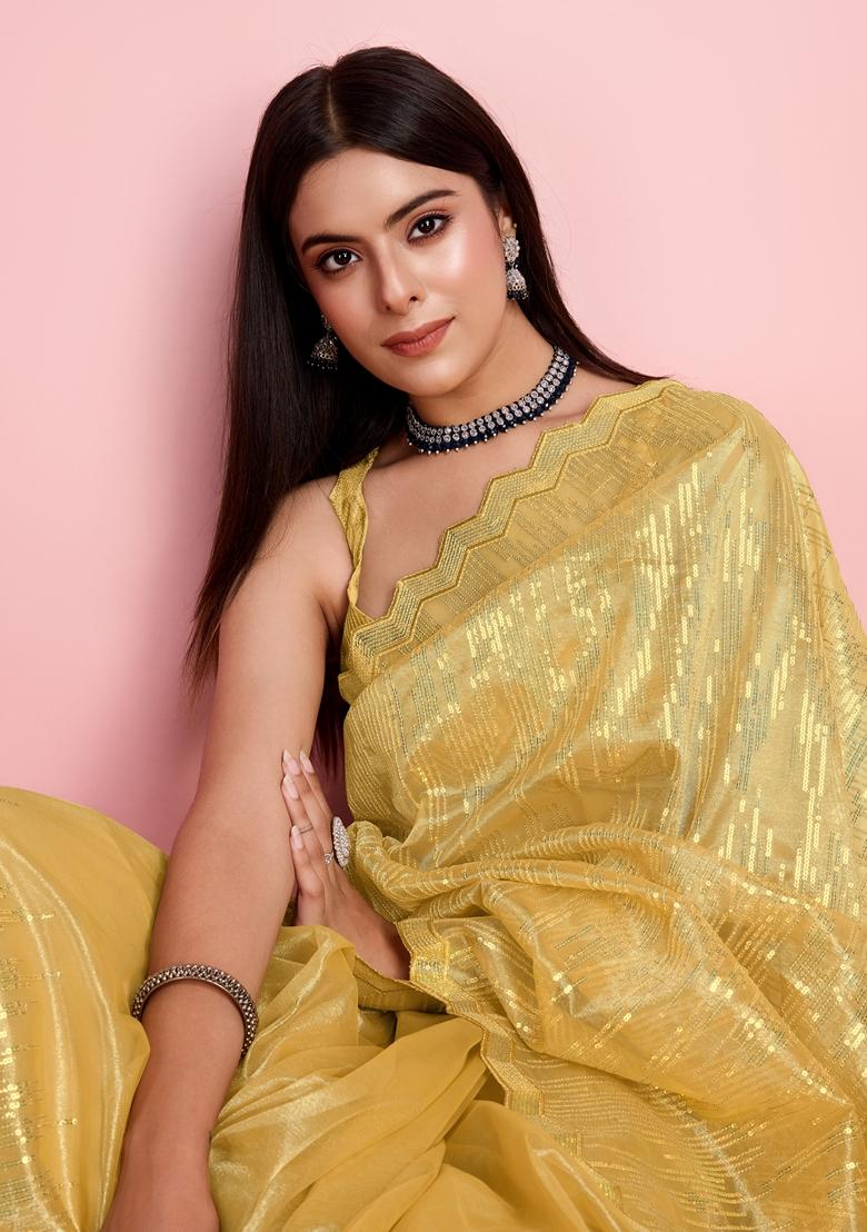 Yellow Sequin Thread Embroidered Net Saree Set