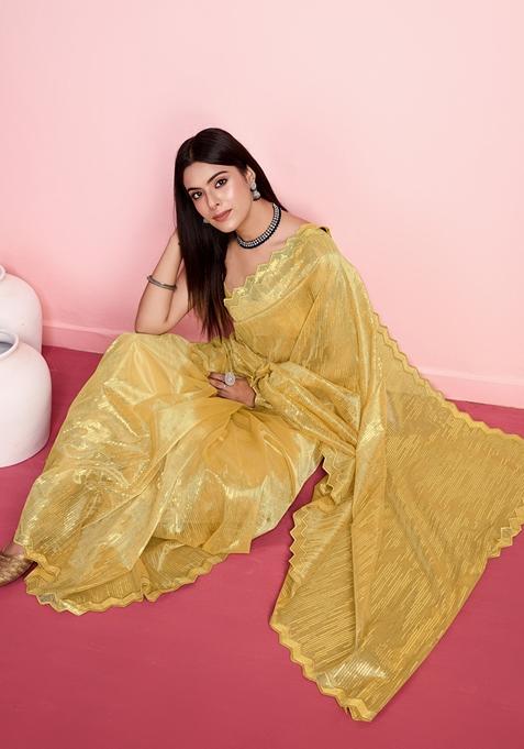 Yellow Sequin Thread Embroidered Net Saree Set