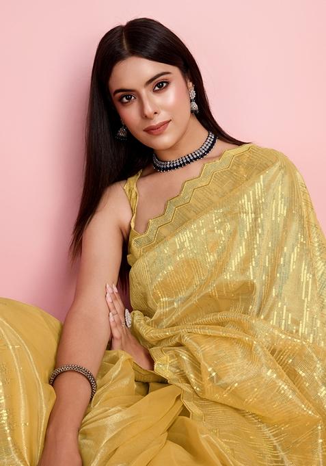 Yellow Sequin Thread Embroidered Net Saree Set