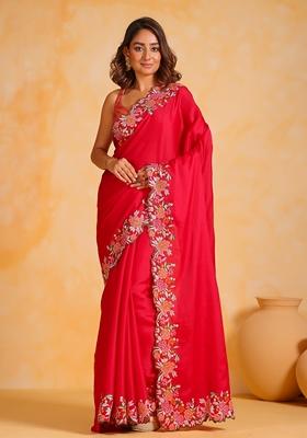 Red Thread Embroidered Tussar Silk Saree Set