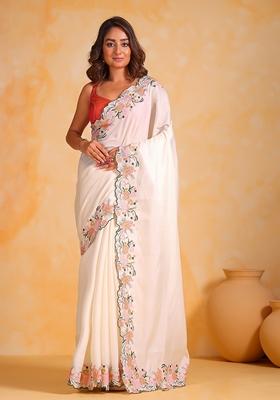 White Thread Embroidered Tussar Silk Saree Set