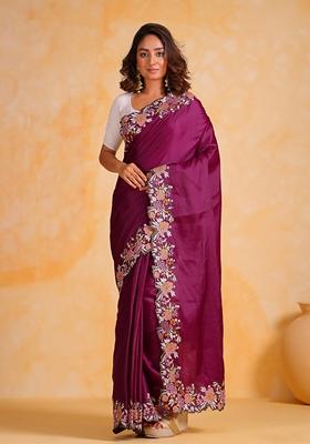 Wine Thread Embroidered Tussar Silk Saree Set