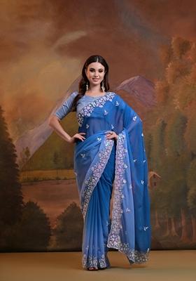 Blue Sequin Embroidered Georgette Saree Set