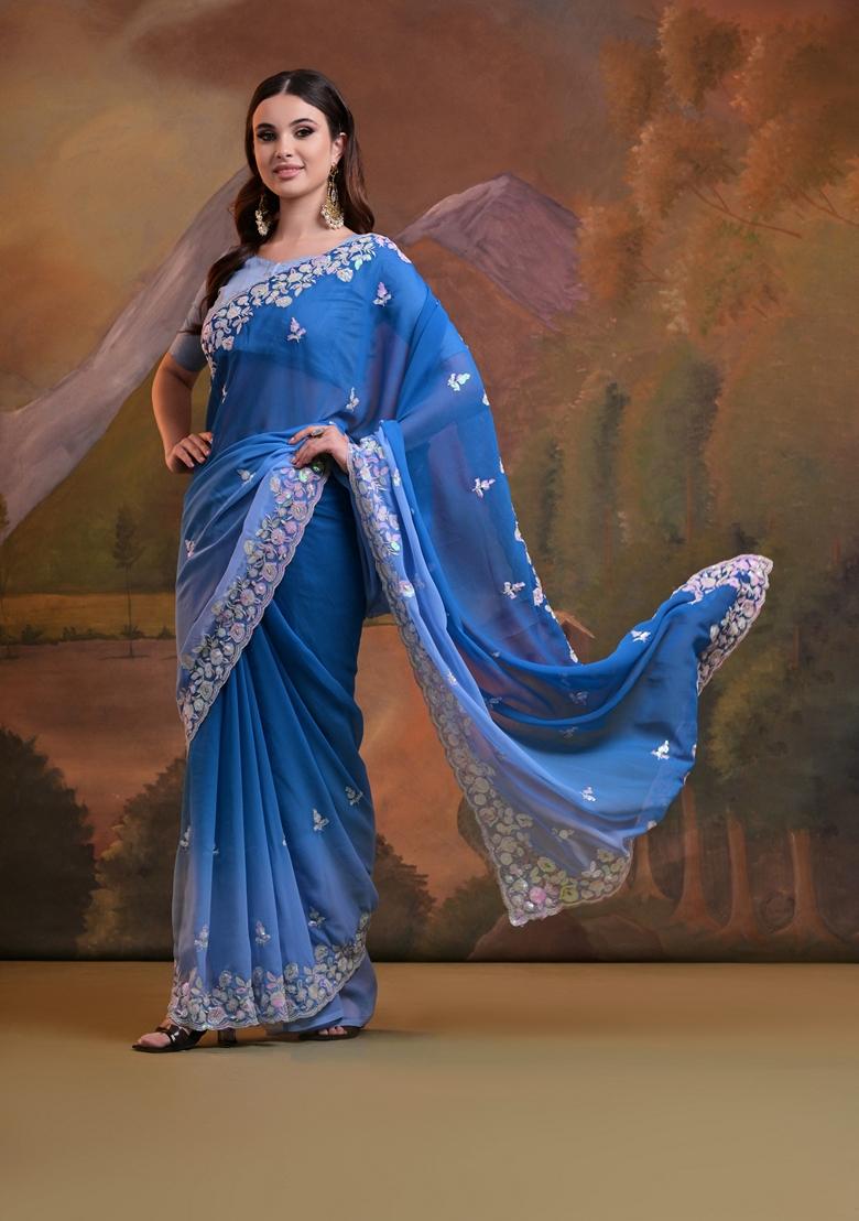 Blue Sequin Embroidered Georgette Saree Set