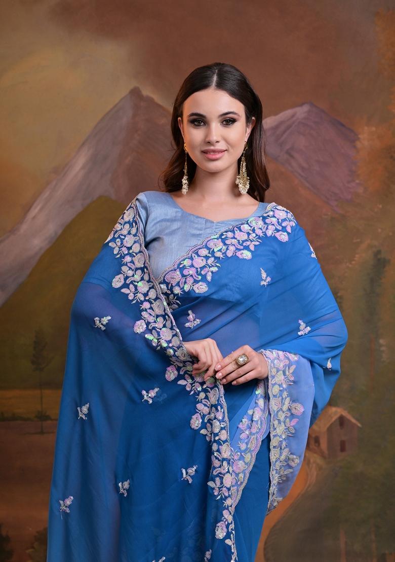 Blue Sequin Embroidered Georgette Saree Set