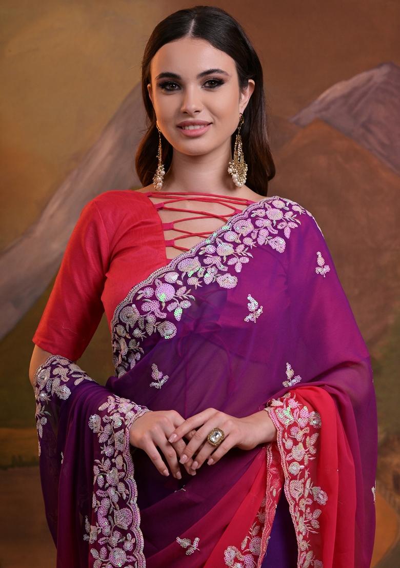 Pink Sequin Embroidered Georgette Saree Set