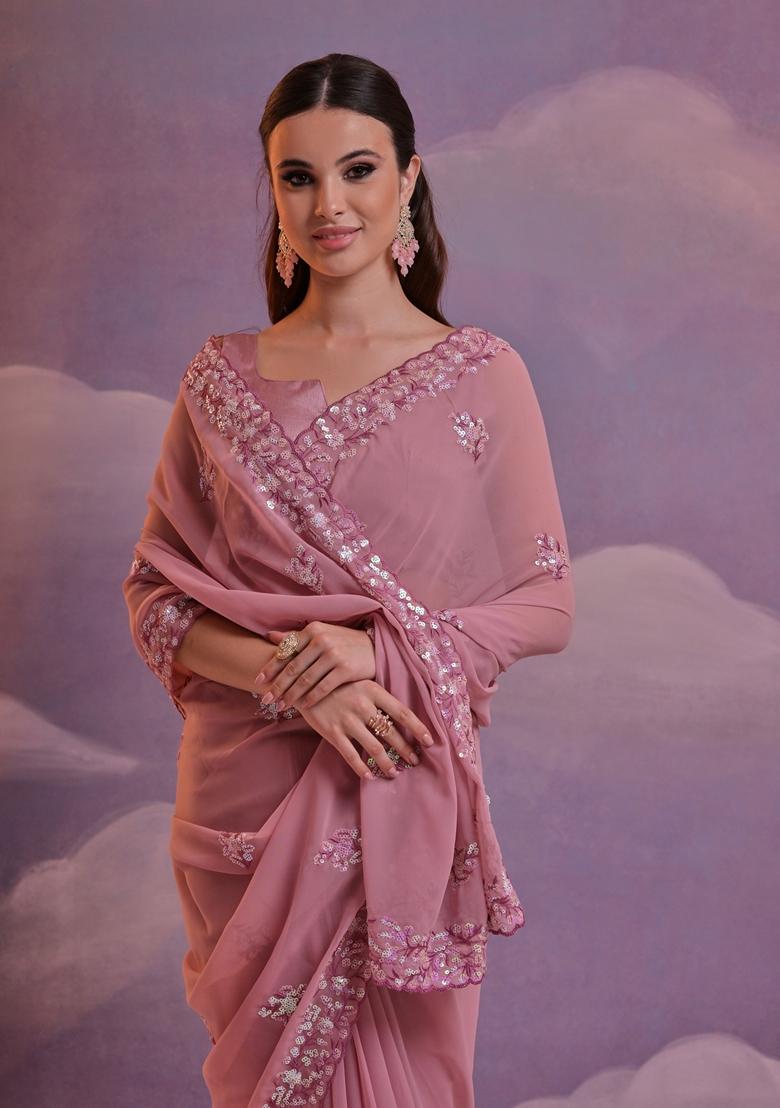 Onion Pink Sequin Embroidered Georgette Saree Set