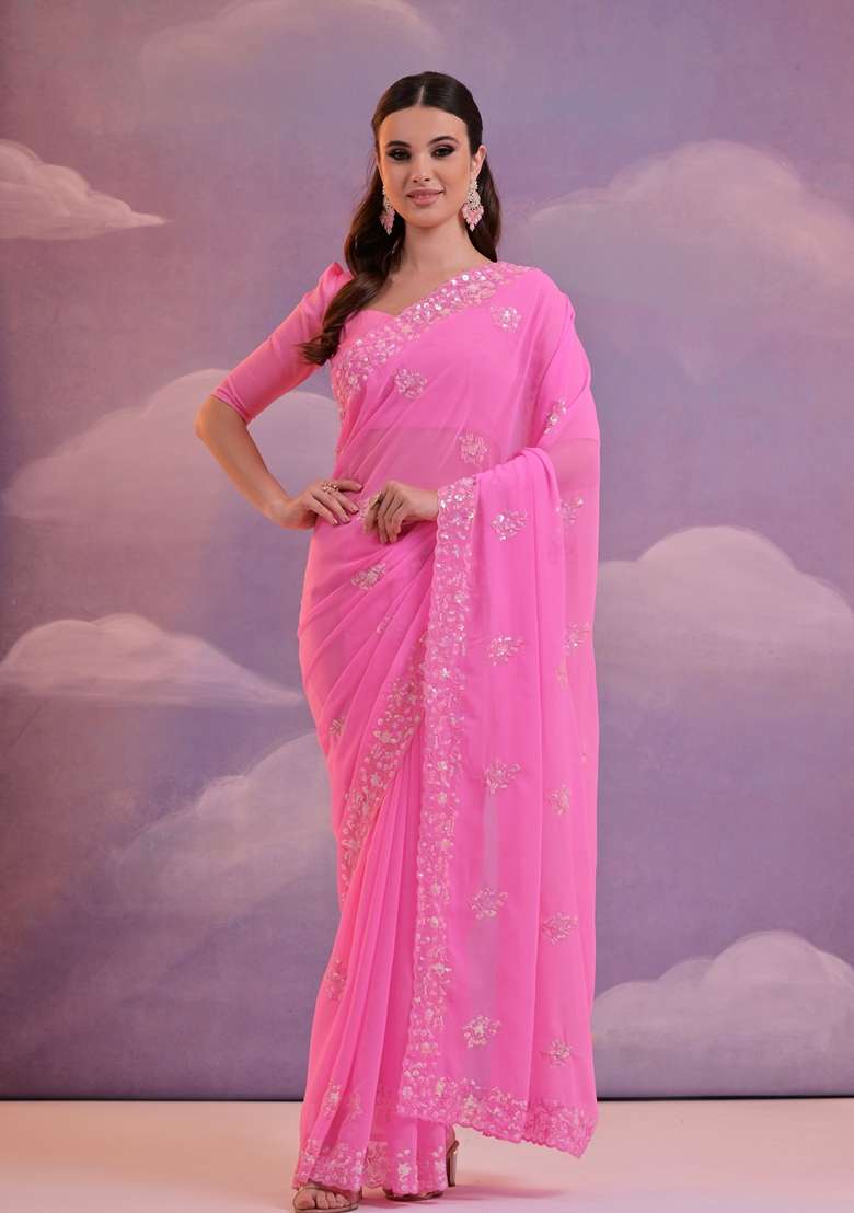 Pink Sequin Embroidered Georgette Saree Set - Indya