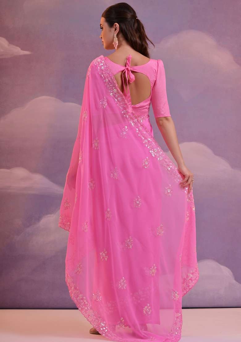 Pink Sequin Embroidered Georgette Saree Set - Indya