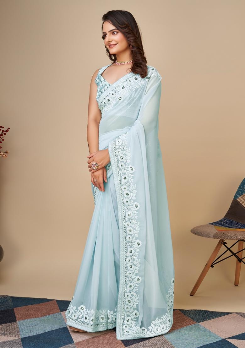 Sky Blue Embroidered Georgette Saree Set