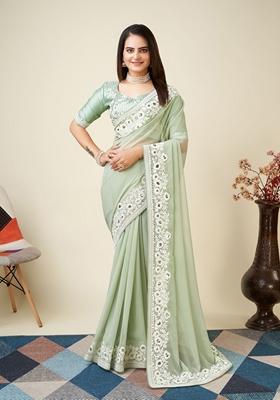 Pista Green Embroidered Georgette Saree Set