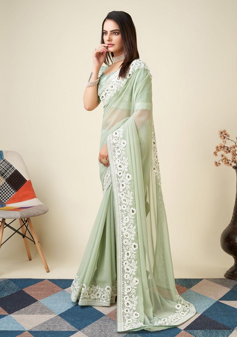 Pista Green Embroidered Georgette Saree Set