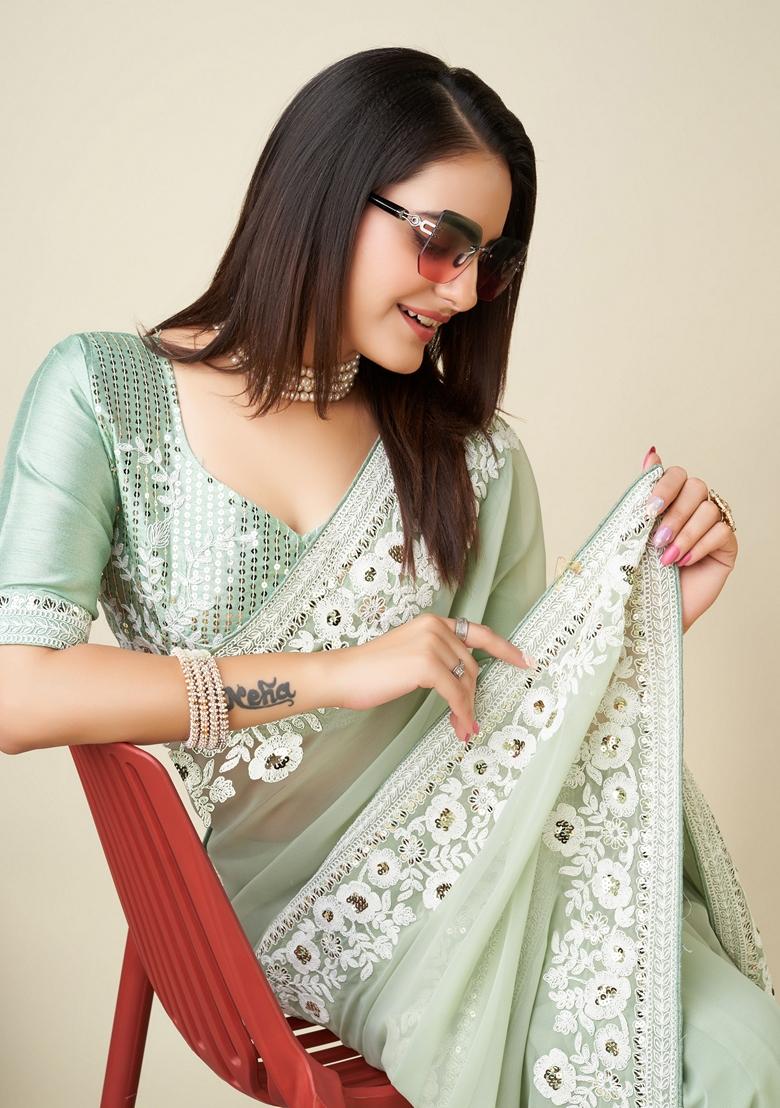 Pista Green Embroidered Georgette Saree Set