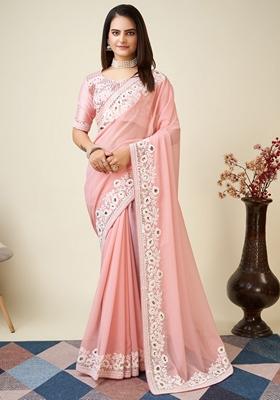 Pink Embroidered Georgette Saree Set