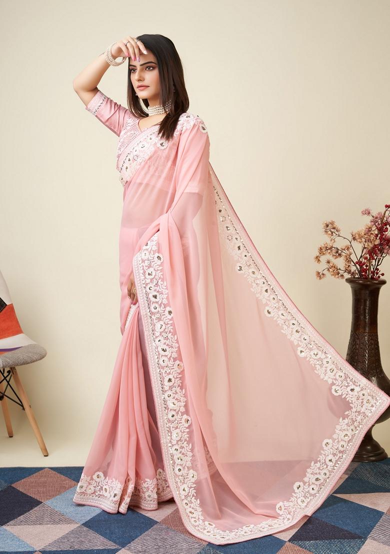 Pink Embroidered Georgette Saree Set
