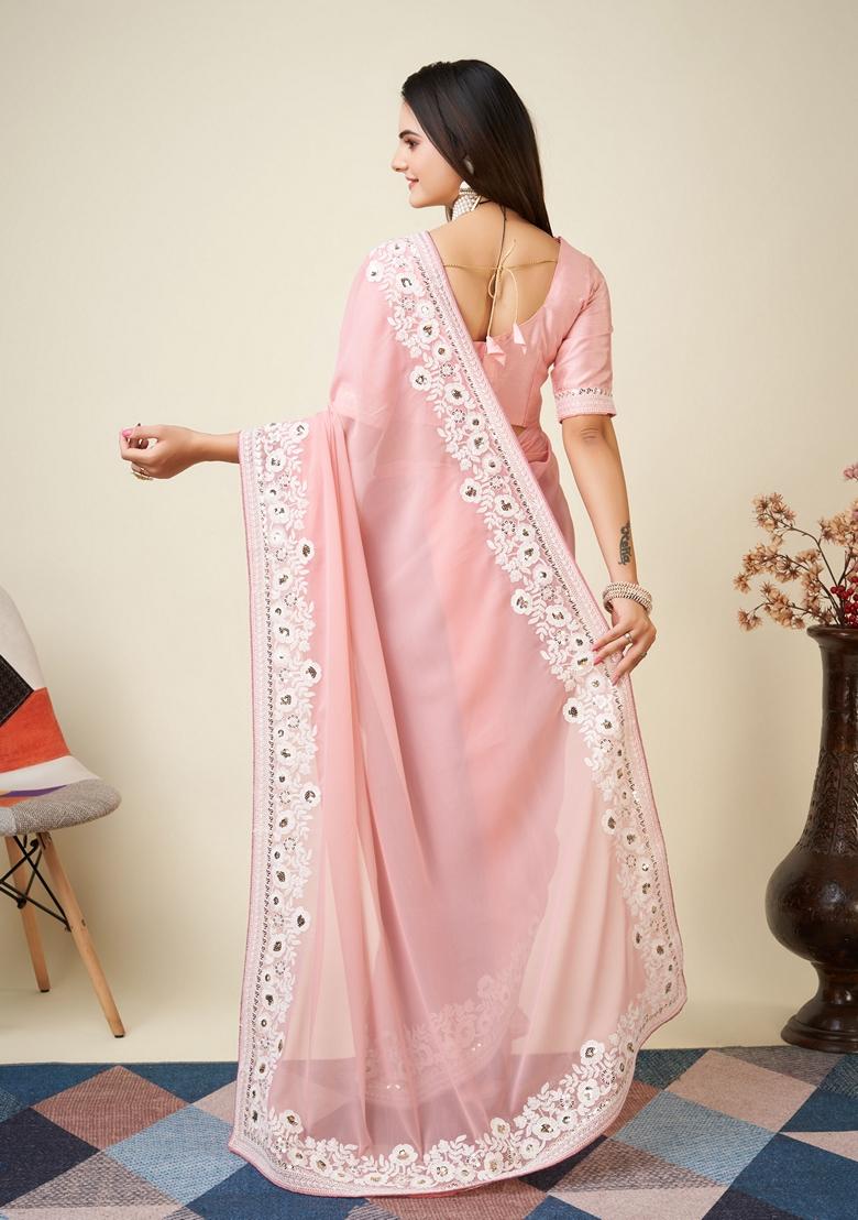 Pink Embroidered Georgette Saree Set
