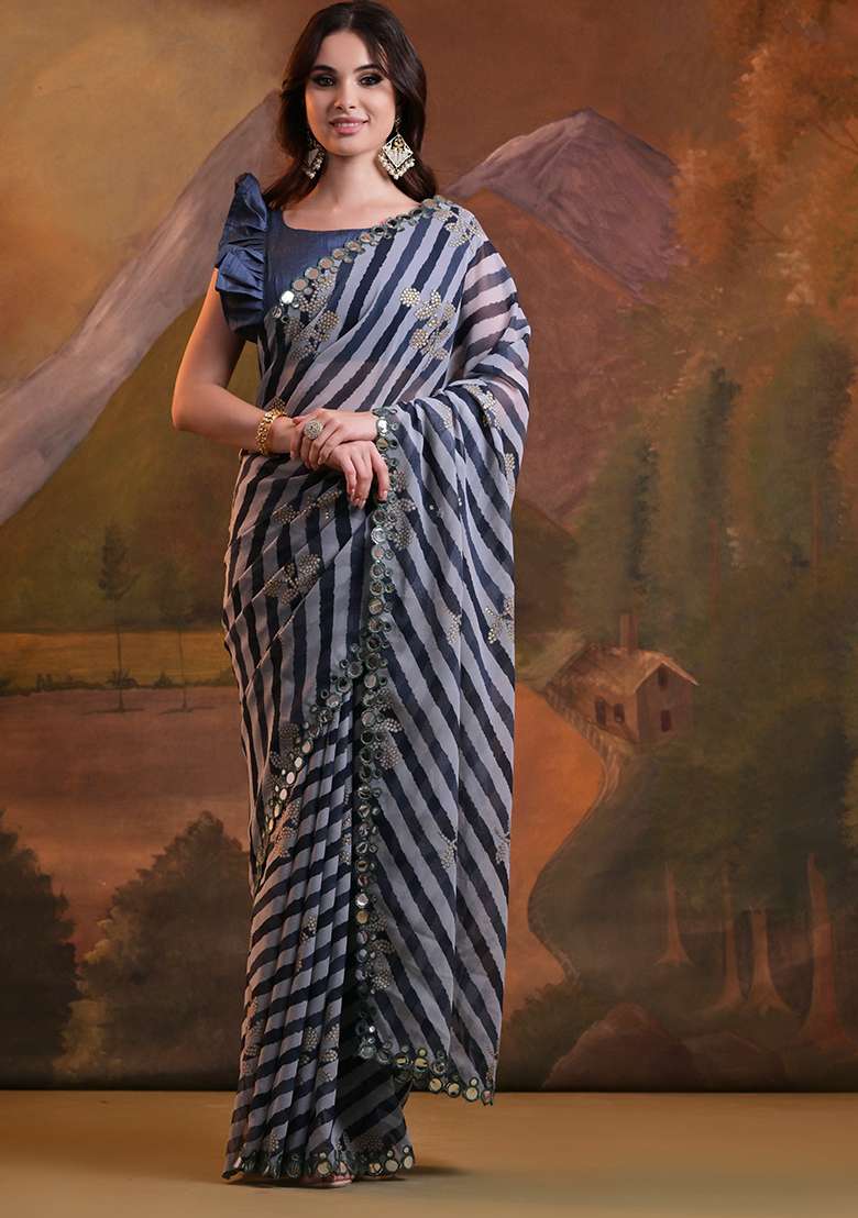 Black Leheriya Print Embroidered Georgette Saree Set - Indya