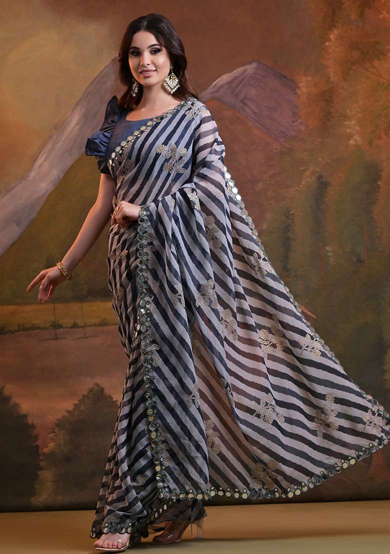 Black Leheriya Print Embroidered Georgette Saree Set - Indya