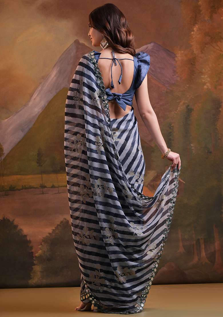 Black Leheriya Print Embroidered Georgette Saree Set - Indya