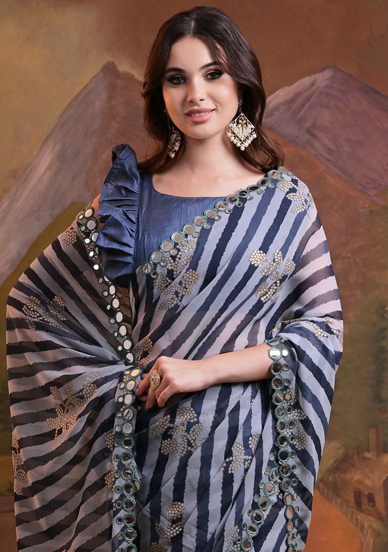 Black Leheriya Print Embroidered Georgette Saree Set - Indya