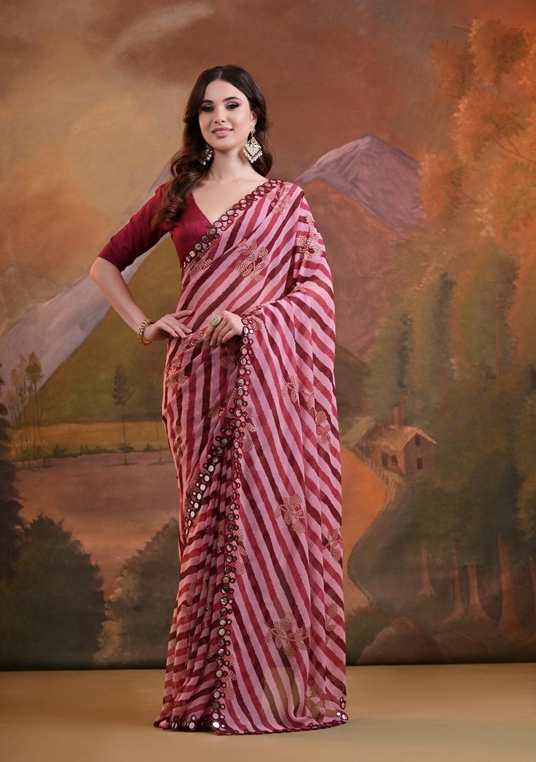 Maroon Leheriya Print Embroidered Georgette Saree Set