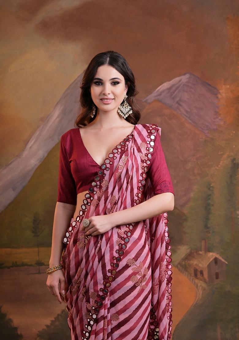 Maroon Leheriya Print Embroidered Georgette Saree Set