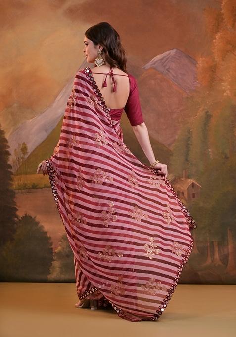 Maroon Leheriya Print Embroidered Georgette Saree Set