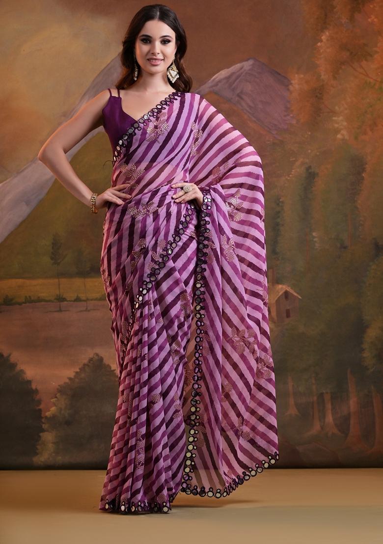 Wine Leheriya Print Embroidered Georgette Saree Set