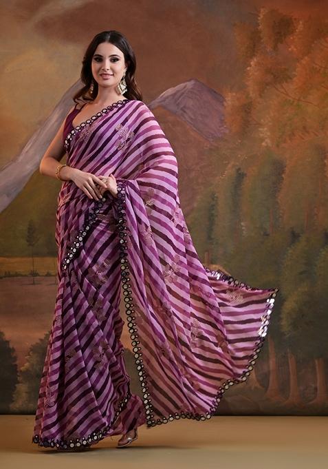 Wine Leheriya Print Embroidered Georgette Saree Set