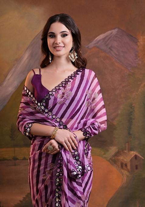 Wine Leheriya Print Embroidered Georgette Saree Set