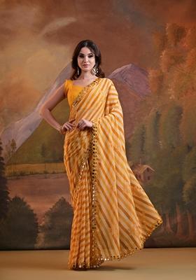 Yellow Leheriya Print Embroidered Georgette Saree Set