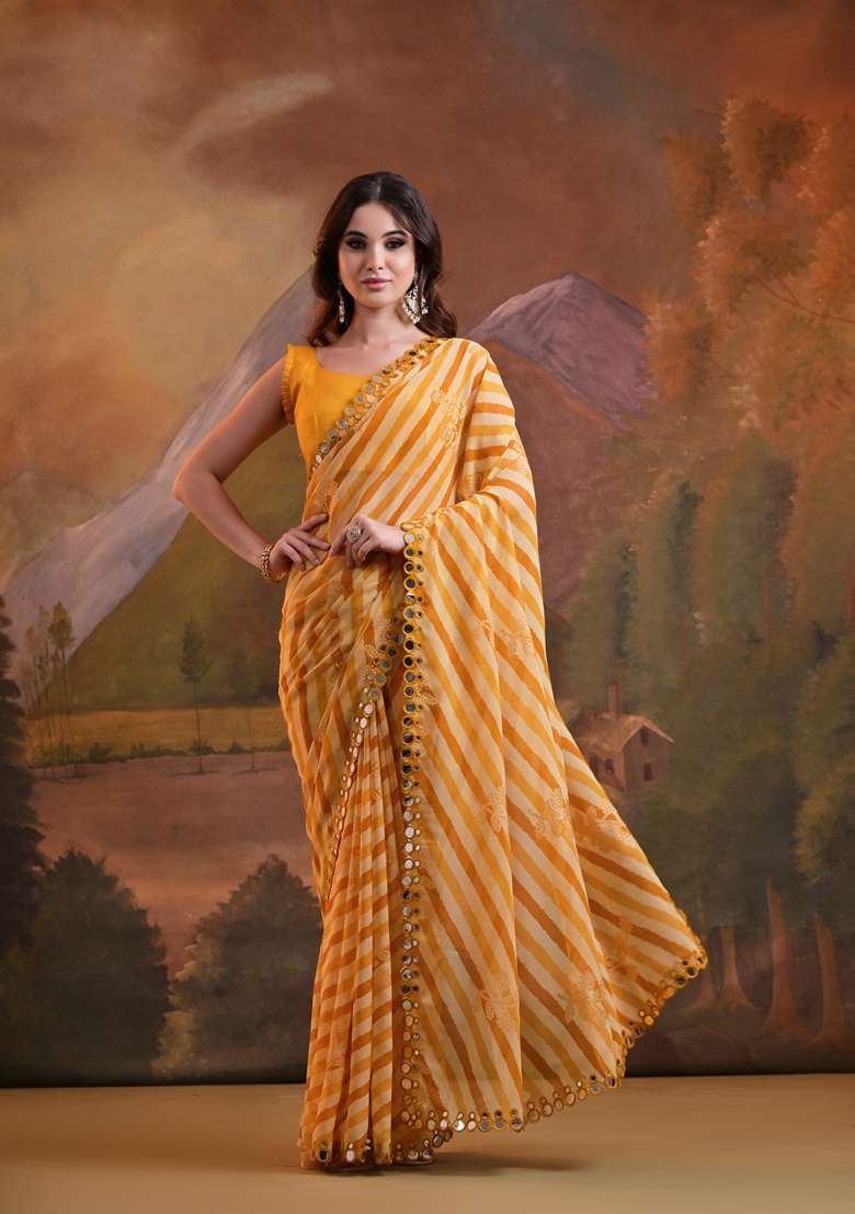 Yellow Leheriya Print Embroidered Georgette Saree Set - Indya