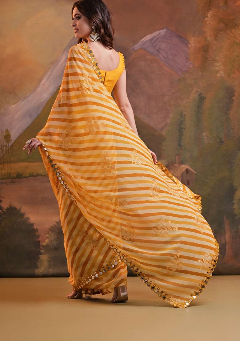 Yellow Leheriya Print Embroidered Georgette Saree Set - Indya