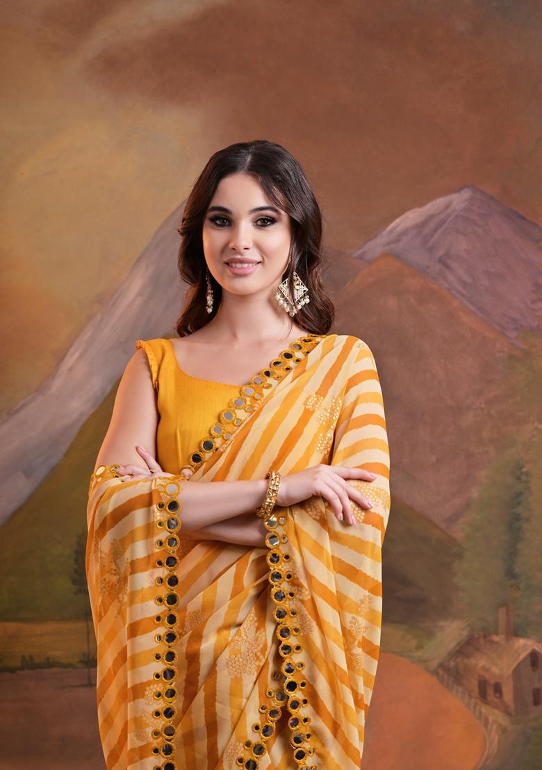 Yellow Leheriya Print Embroidered Georgette Saree Set