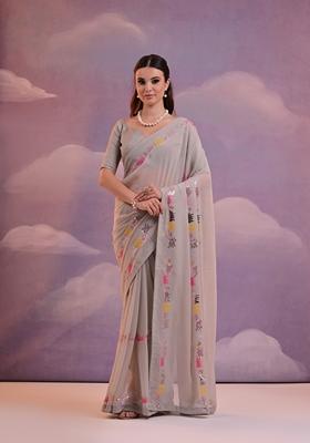 Grey Sequin Embroidered Georgette Saree Set