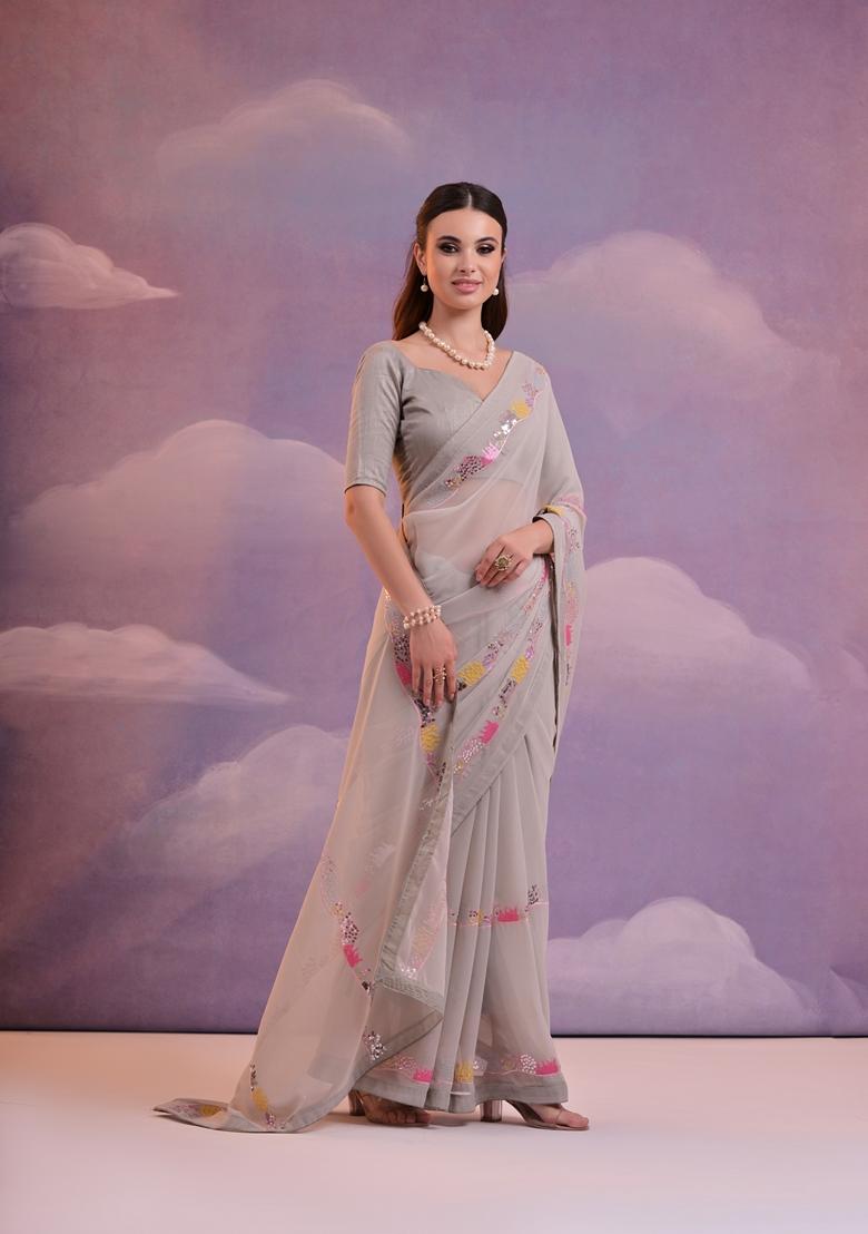 Grey Sequin Embroidered Georgette Saree Set