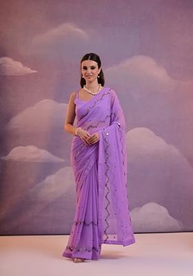Purple Sequin Embroidered Georgette Saree Set