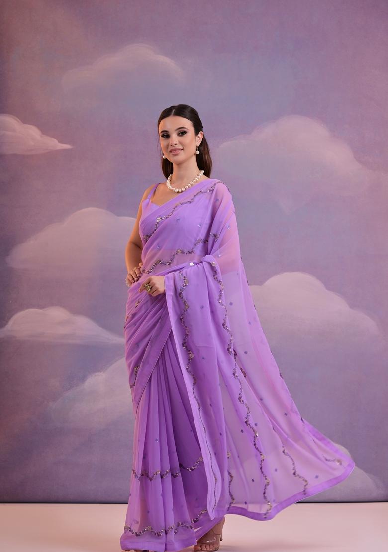 Purple Sequin Embroidered Georgette Saree Set