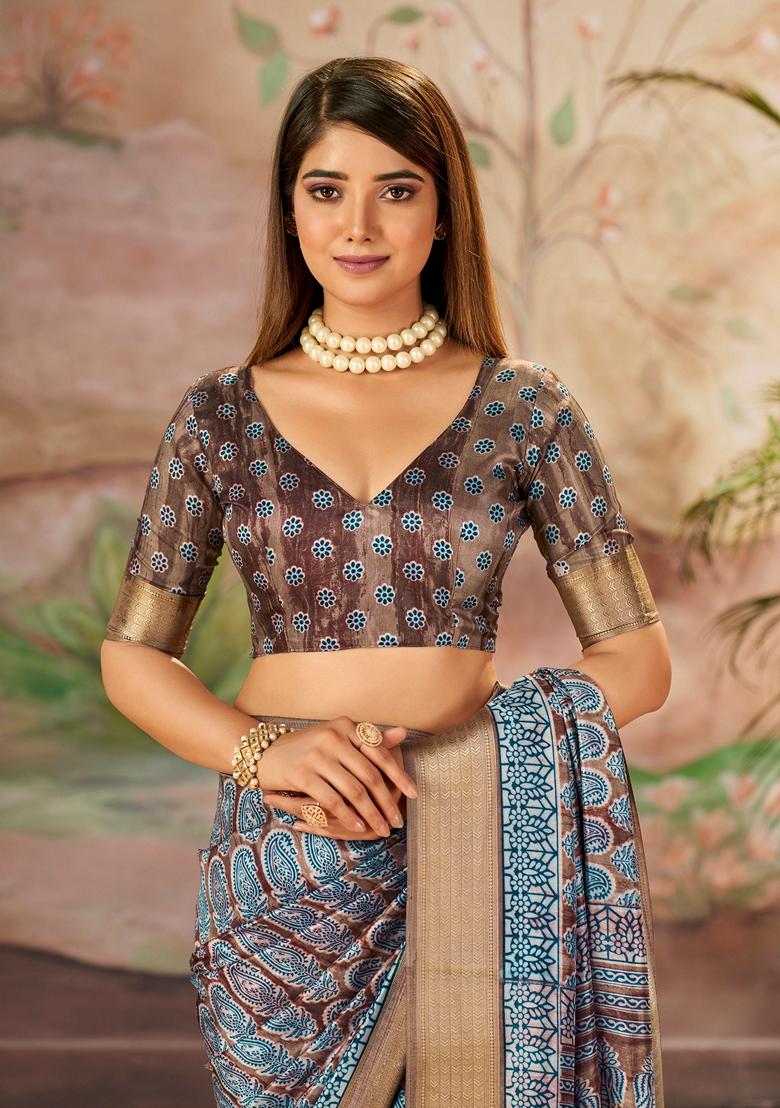 Brown And Grey Zari Woven Dolla Silk Saree Set