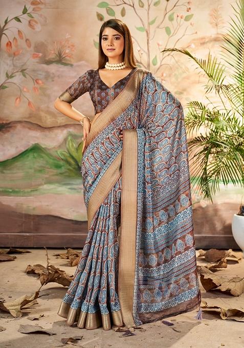 Brown And Grey Zari Woven Dolla Silk Saree Set