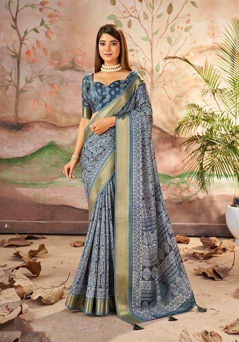 Slate Grey Zari Woven Dolla Silk Saree Set
