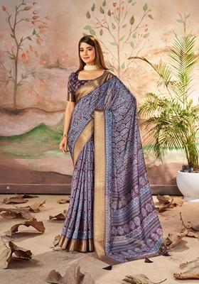Purple And Brown Zari Woven Dolla Silk Saree Set