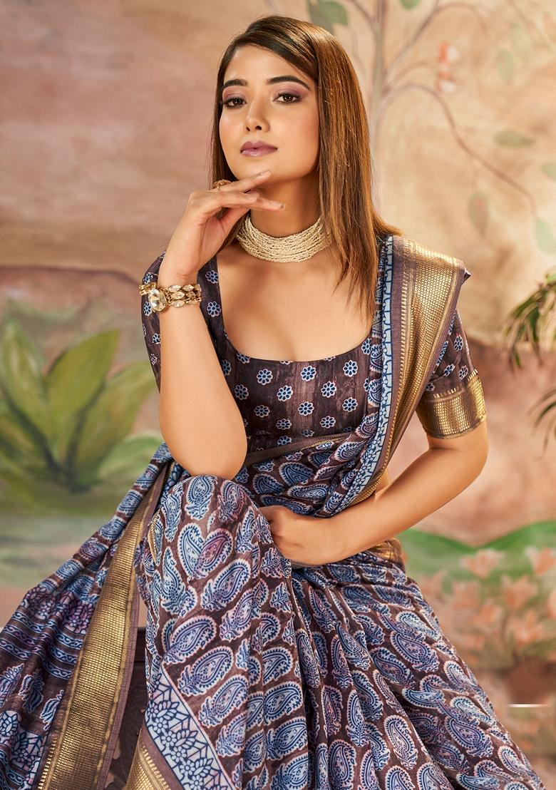 Purple And Brown Zari Woven Dolla Silk Saree Set