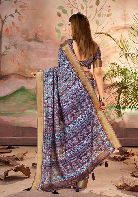 Purple And Brown Zari Woven Dolla Silk Saree Set