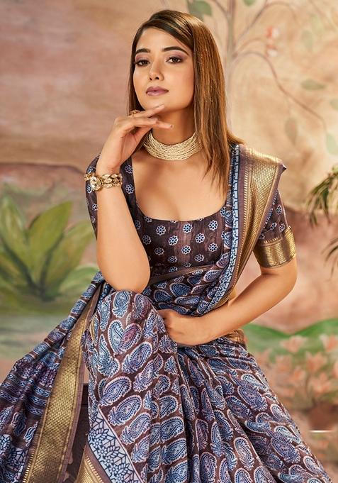 Purple And Brown Zari Woven Dolla Silk Saree Set