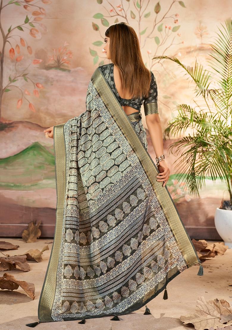 Carbon Grey Zari Woven Dolla Silk Saree Set