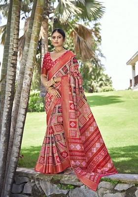 Red Zari Woven Kalamkari Silk Saree Set