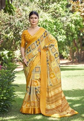 Yellow Zari Woven Kalamkari Silk Saree Set
